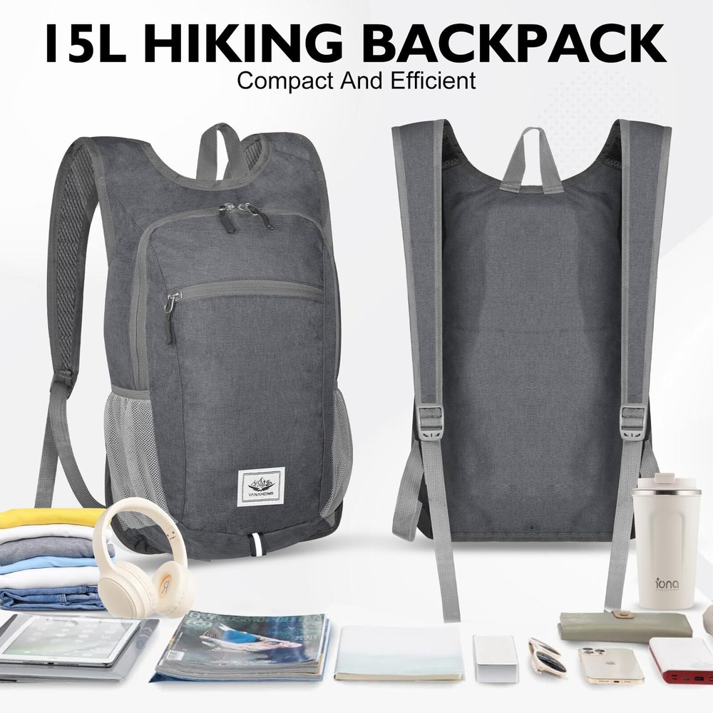 20L Black Lightweight Foldable Water Resistant Packable Small Hiking Backpack