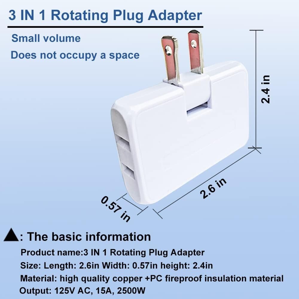 3 Pack 3-Way Flat Wall Plug Adapter AC Outlet. Polarized. 180 degree Foldable.