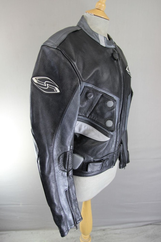 SRS BLACK, SILVER & GREY LEATHER BIKER JACKET WITH REMOVABLE PROTECTORS 38-40"/M