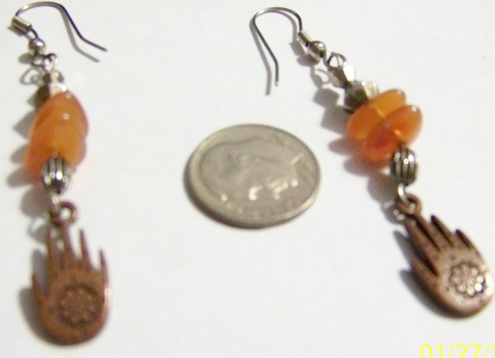 S. Silver Wire, Carnelian & Copper"Hand"Earrings 2 3/4"