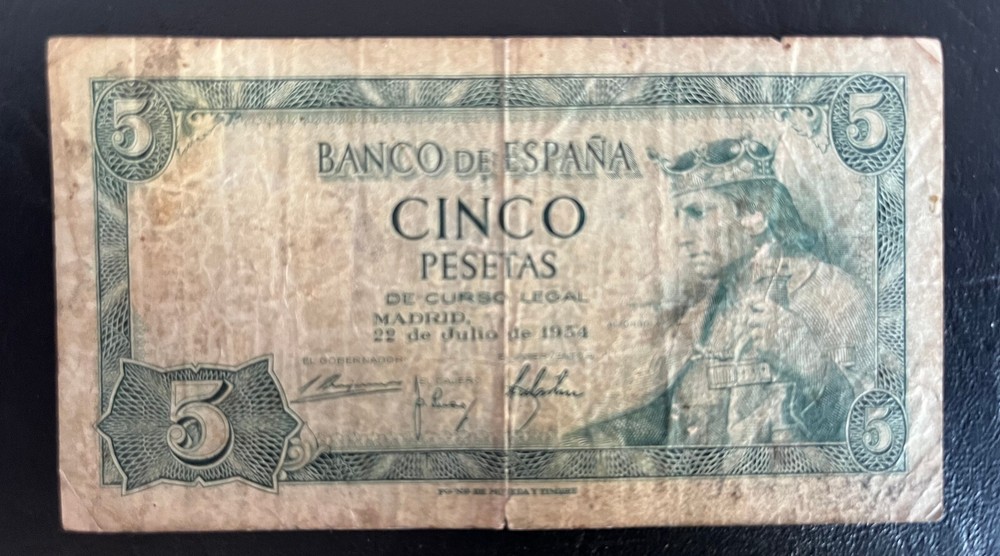 SPAIN 1954 5 PESETA NOTE