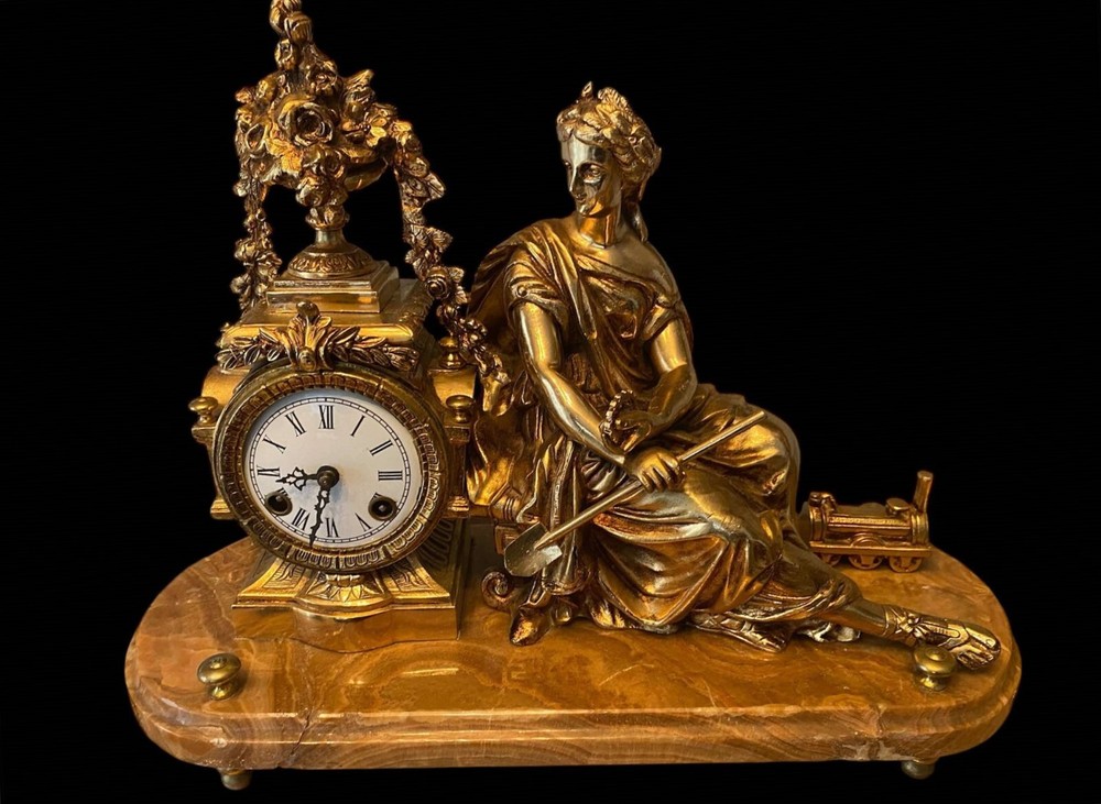 Empire Triptych Gilded Bronze Marble Base Clock and Candlesticks