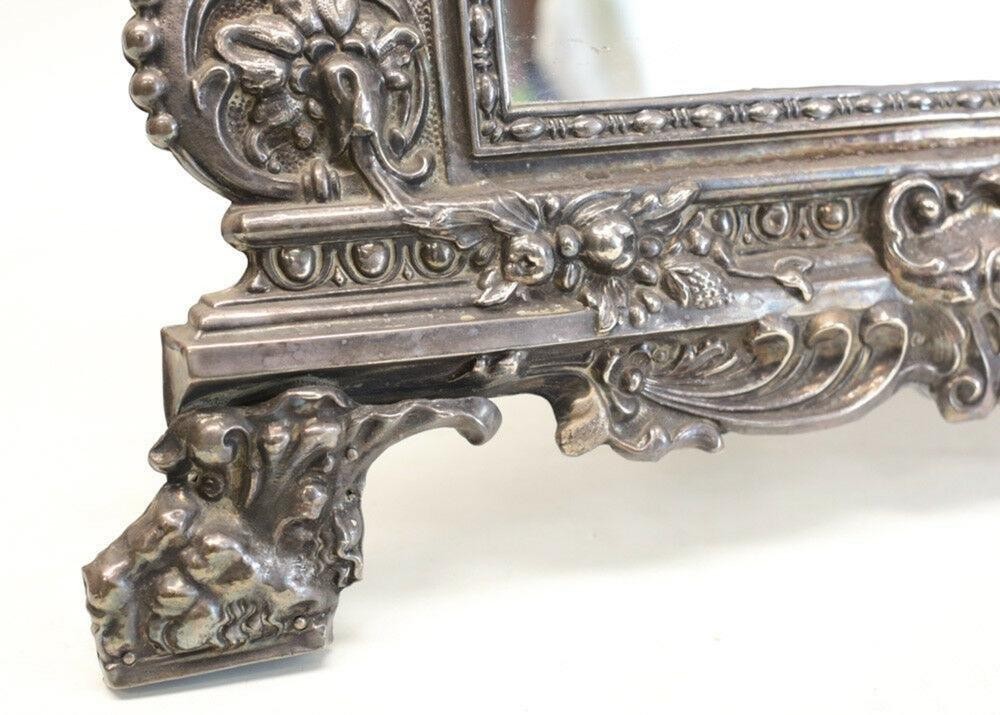 Sterling Silver Repousse Footed Table Mirror Catholic IHS