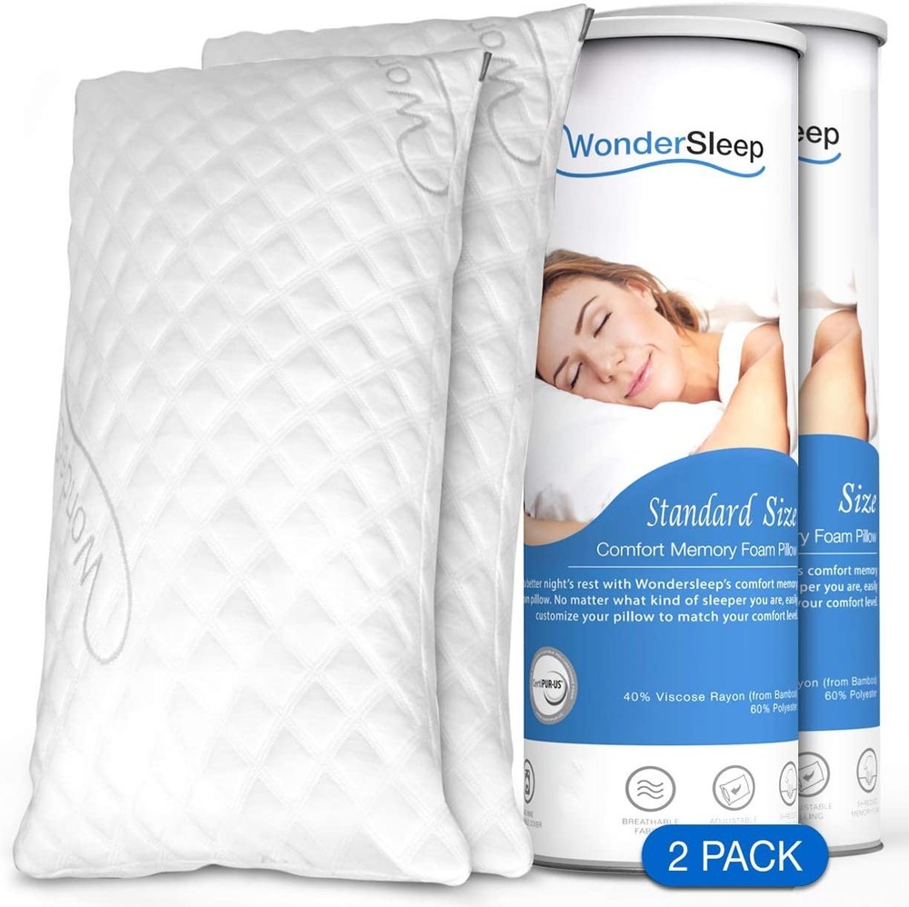 WonderSleep 2 Pack Memory Foam Bed Pillows for Home - Standard size