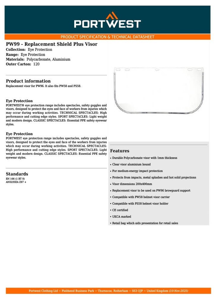 Portwest Replacement Shield Plus Visor Clear | PW99