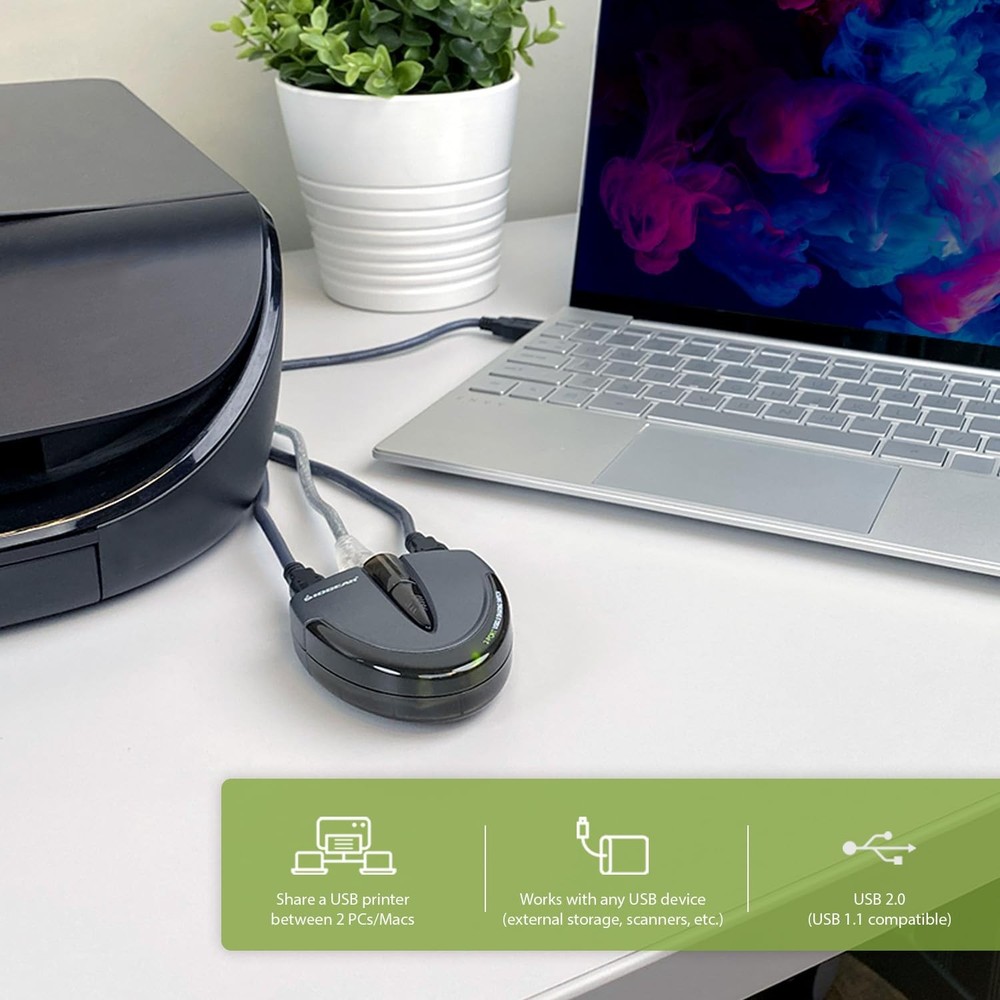 2 Port USB 2.0 Switch - Auto Printer Switch - Manually or Auto Control - LEDs...