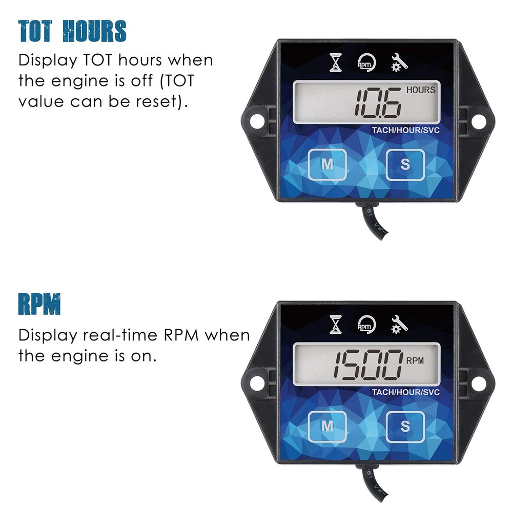 Small Engine Hour Meter, Digital Tachometer, Maintenance Reminder, Battery Re...