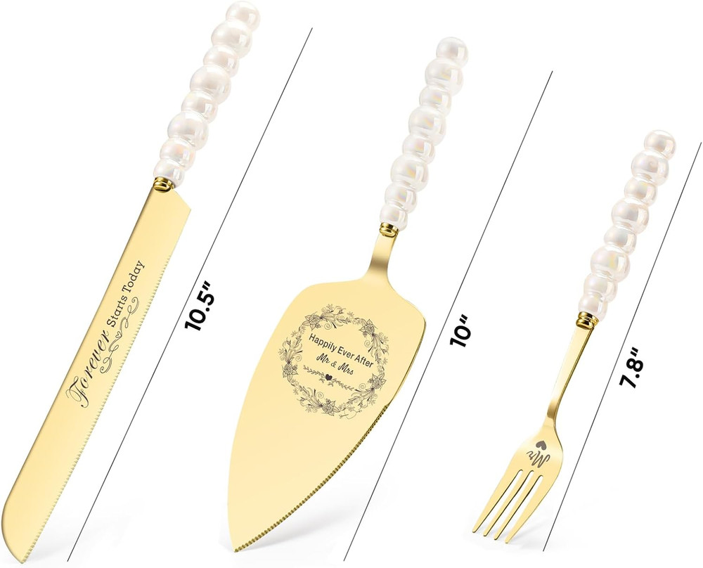Wedding Cake Knife and Server Set, Gold Ceramic Pearl Handle Cake Cutting Set fo