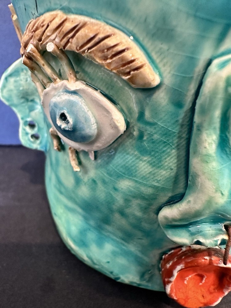 Art pottery planter whimsical face signed Sheila