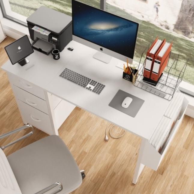 White 47.3" Home Office Desk USB Outlet 3 Storage Drawers Study Game Easy Assemb
