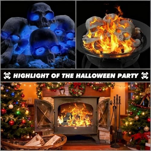 9 Pcs Fireproof Ceramic Skull Logs for Fire Pit, Bonfire, Campfire & Halloween D