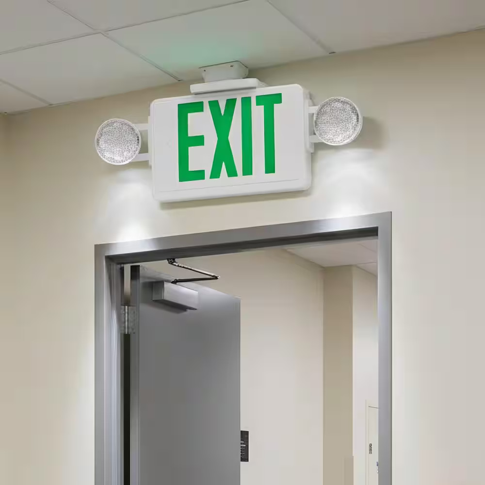 Modern LED Exit and Emergency Combo Light, 2 Adjustable Heads with Green Letters