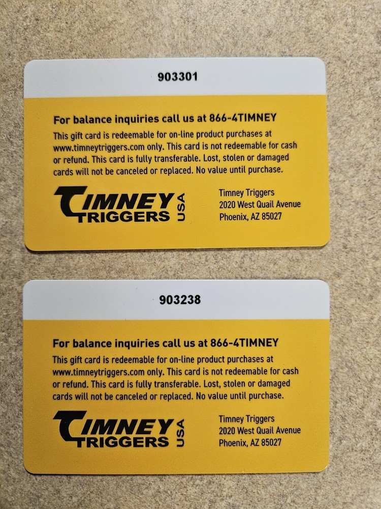 Timney Trigger Gift Cards $150 Total value.