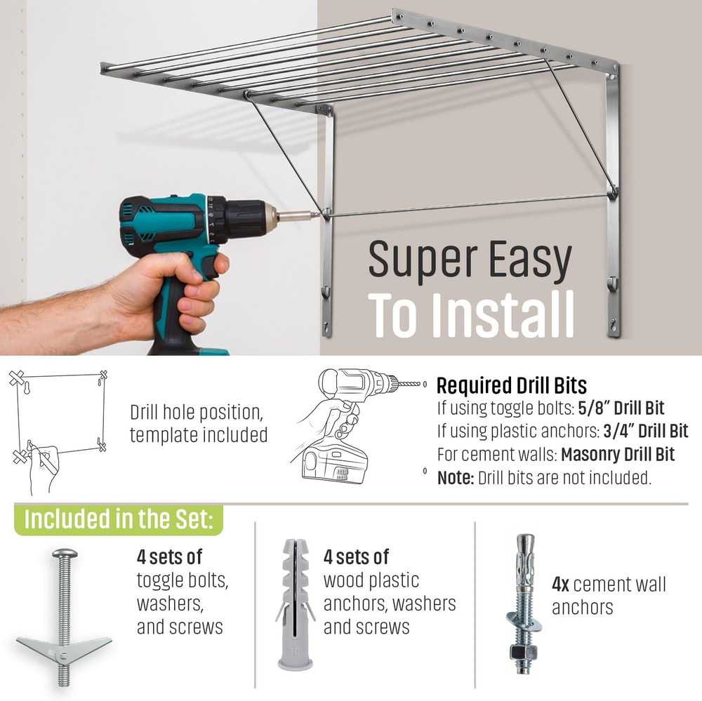 Wall Mounted Clothes Drying Rack - 30" Wide, 20ft Capacity, Sturdy Design