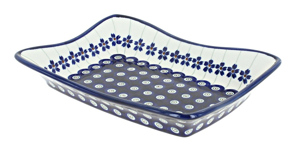 Blue Rose Polish Pottery Flowering Peacock Medium Rectangular Tray