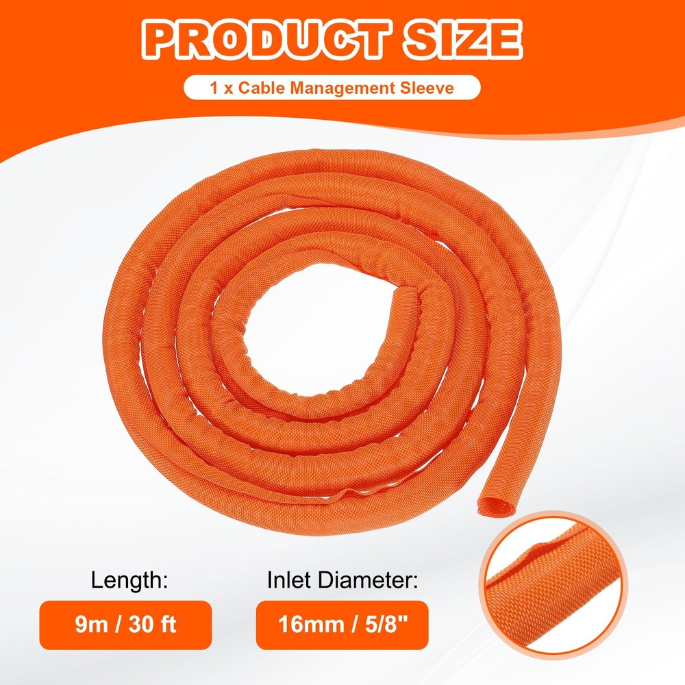 Wire Split Braided Cable Management Sleeve, Orange (5/8" - 30 Feet)