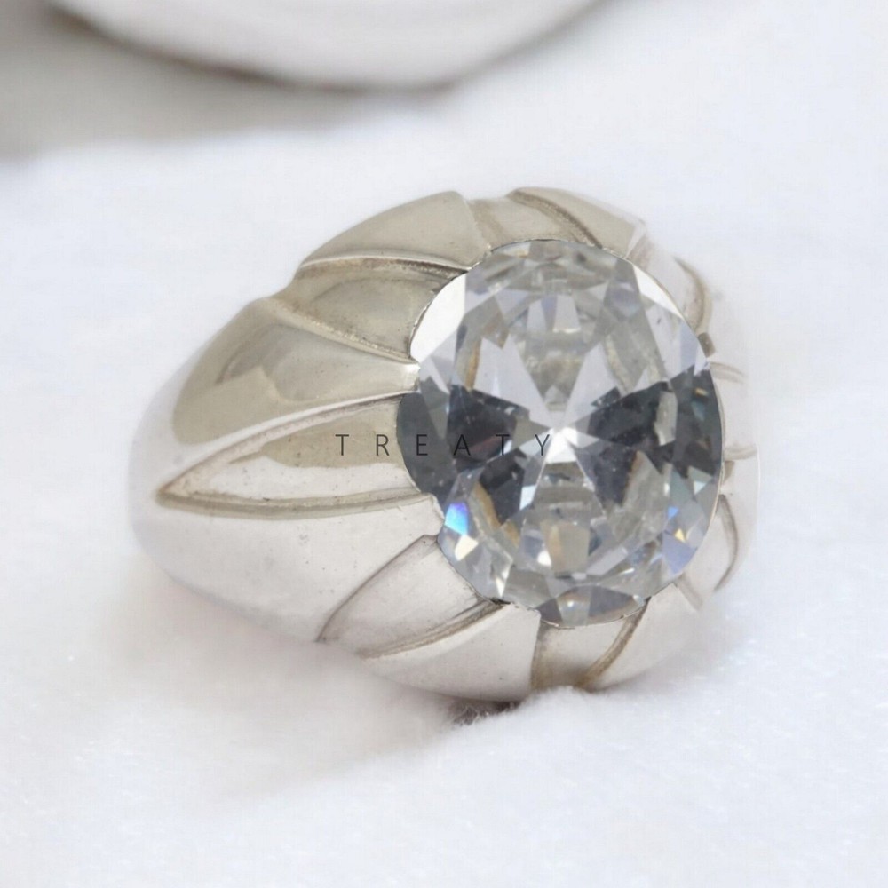 Moissanite Oval Cut Gemstone With 14K Solid White Gold Ring For Men's #A11