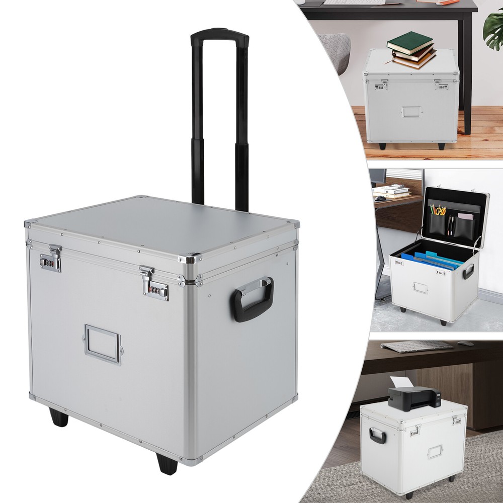 Locking Mobile File Organizer Box - Aluminum Alloy with Wheels & Handle