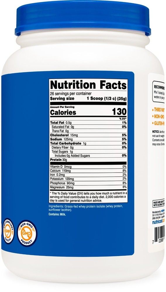 Nutricost Grass-Fed Whey Protein Isolate (Unflavored) 2LBS