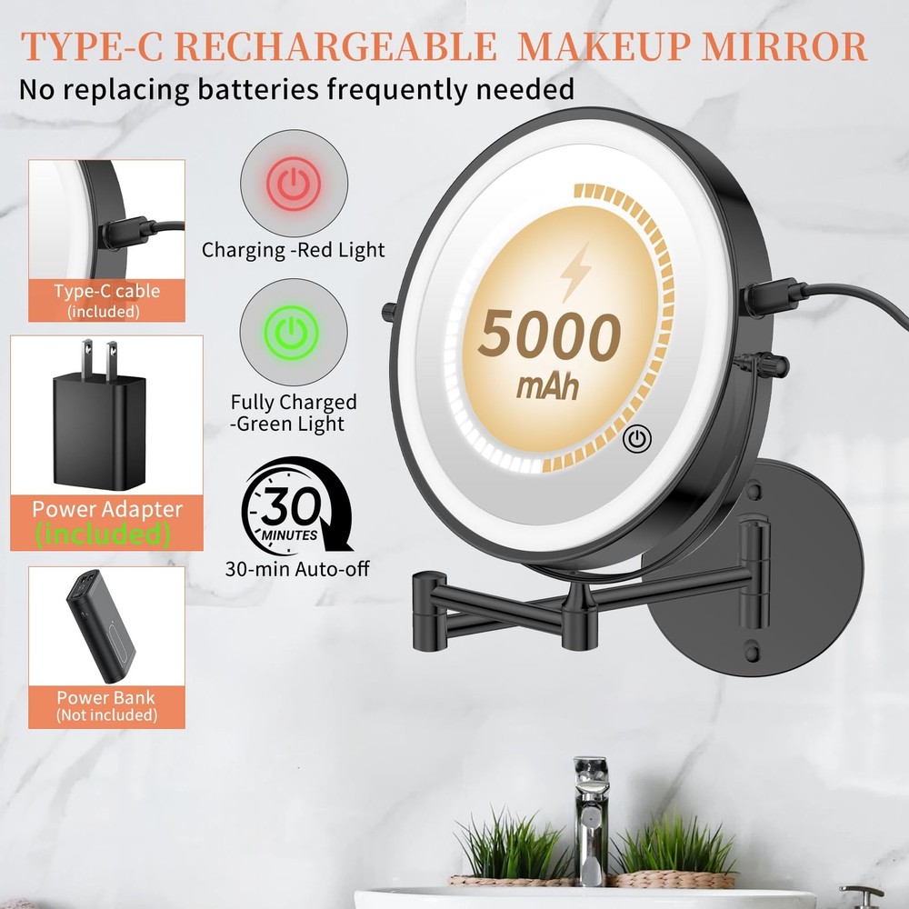 5000mAh Rechargeable Wall Mounted Makeup Mirror with Lights, 8.7" Double Side...