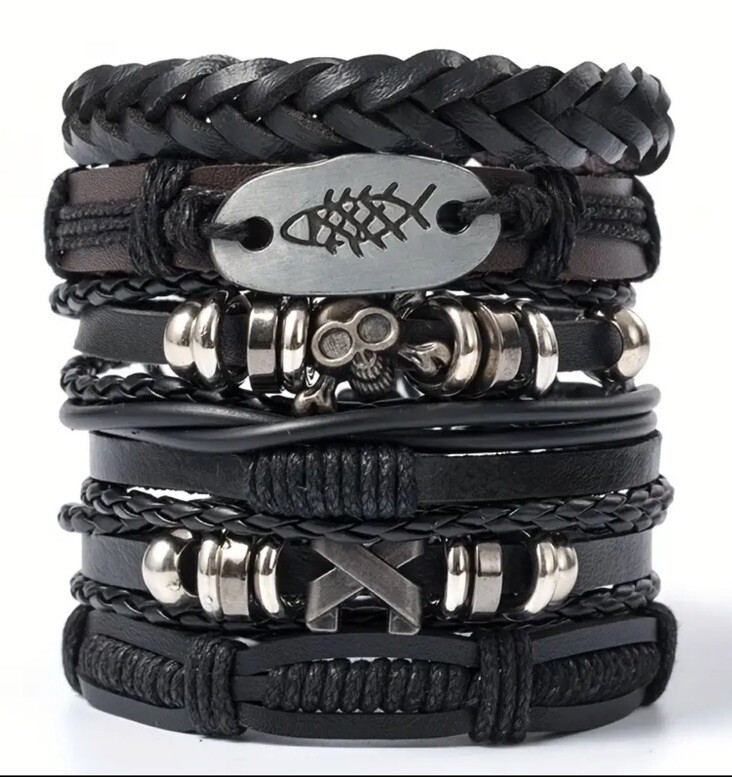 6 PC Leather Punk Bracelet Stackable Adjustable Tie New Free Ship B2662