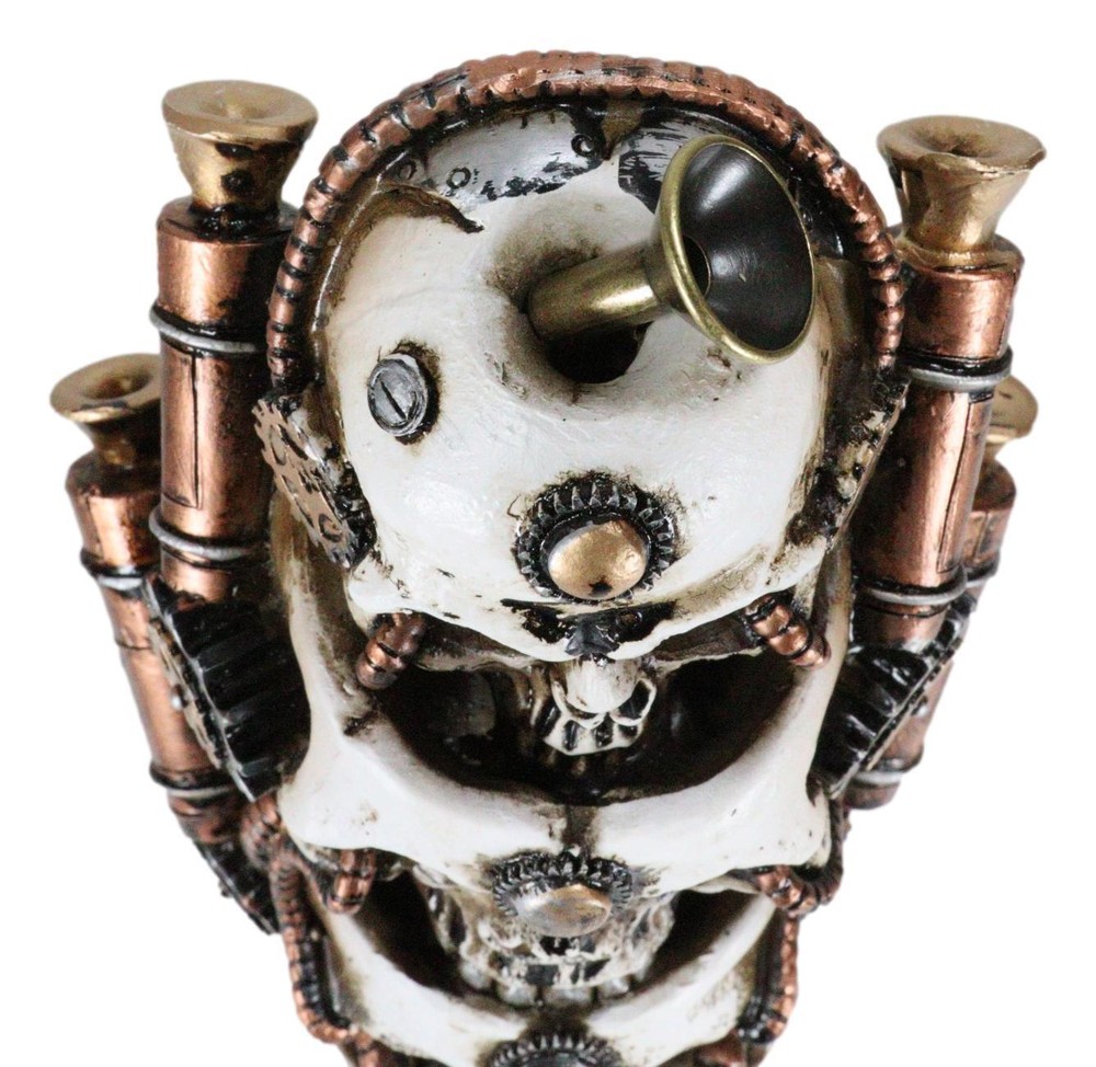 Steampunk Geared Trio Skulls Smoke Waterfall Backflow Incense Cone Tower Burner