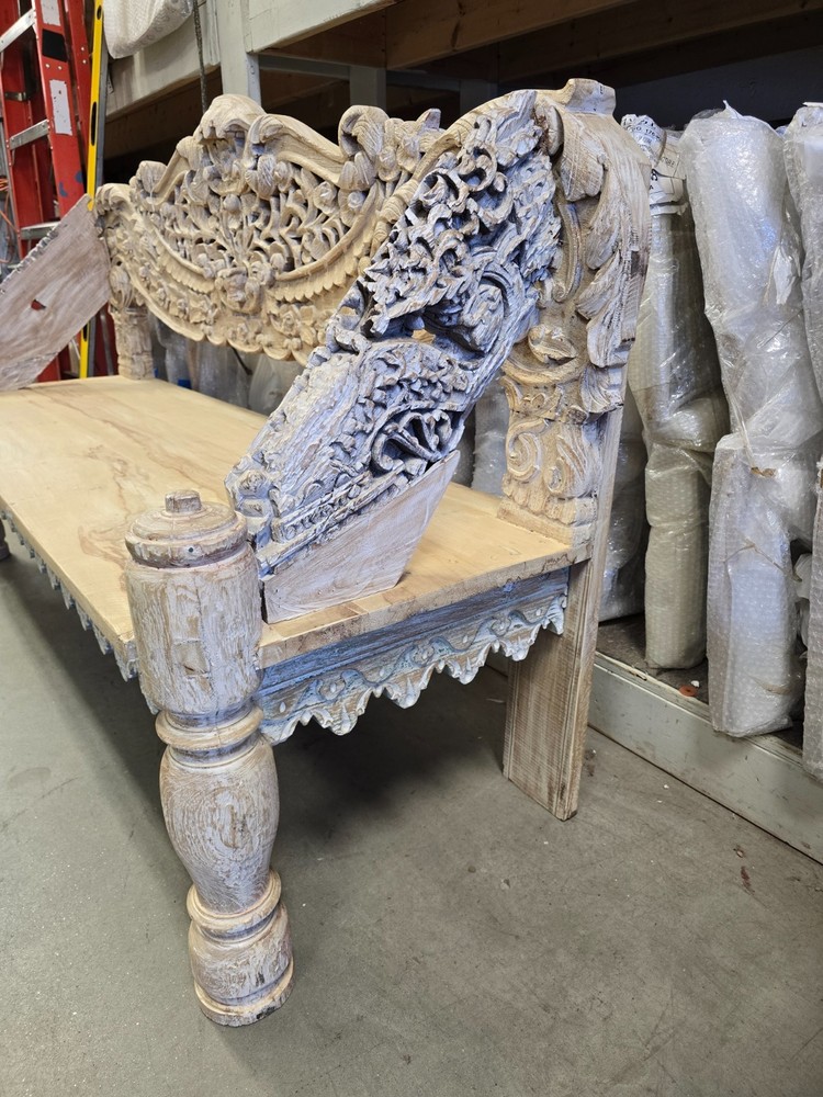 Reclaimed solid wood bench with floral carving design