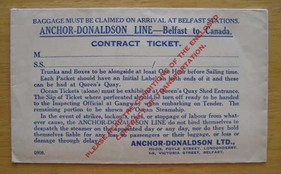 ANCHOR DONALDSON LINE - Contract Ticket Envelope