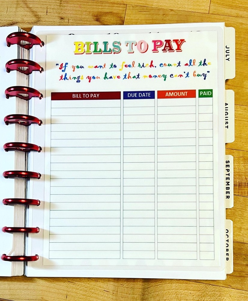 Bills to Pay Laminated Dashboard Insert for use with Classic HAPPY Planner~