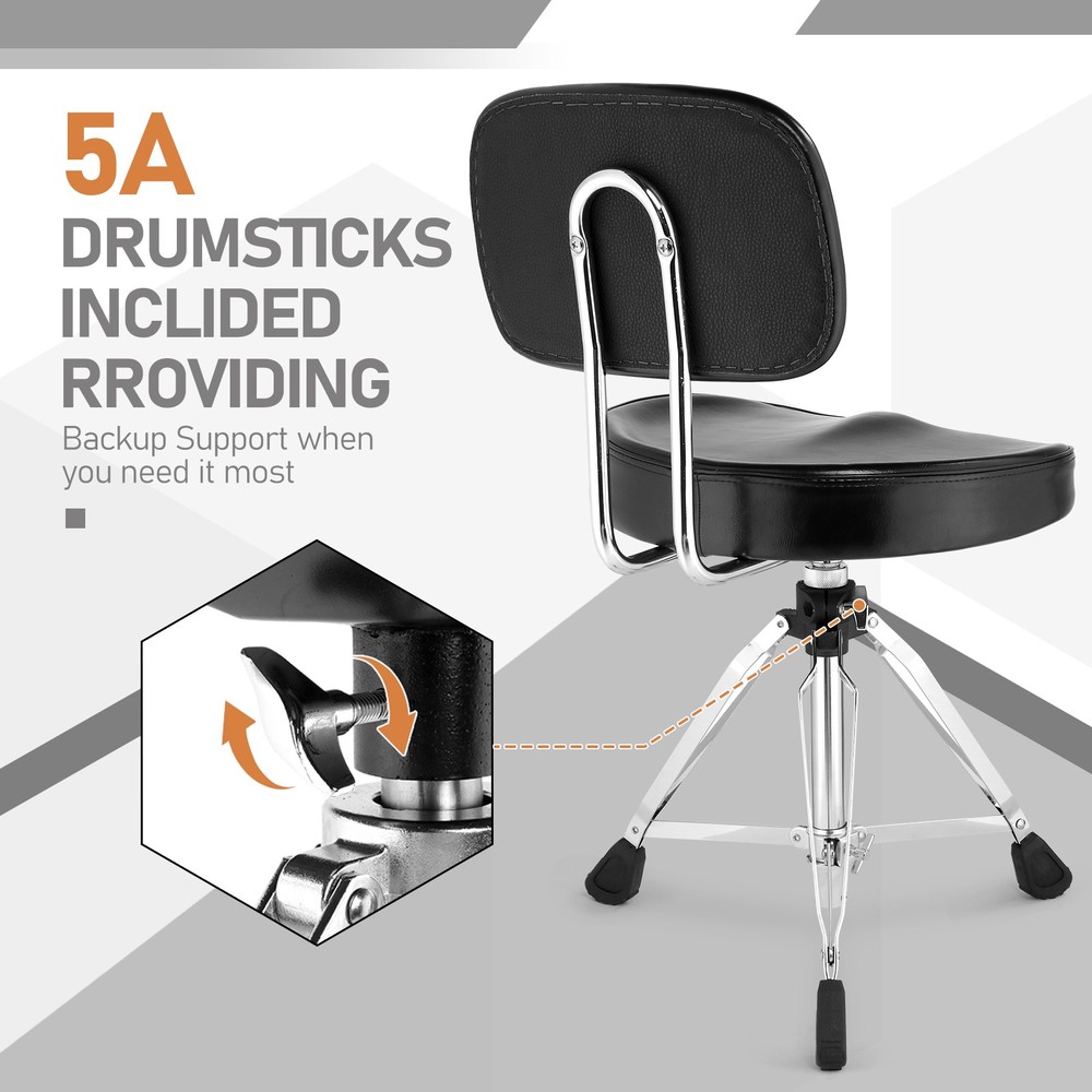 Drum Throne with Backrest, Drum Stool Adjustable Height & Drumstick for Drummers