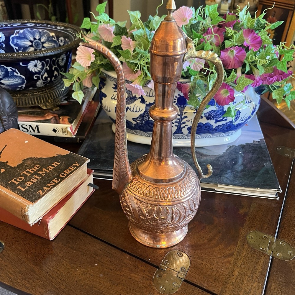 Vintage Copper Ewer/pitcher Turkish handmade, Brass Handle. 14” Tall