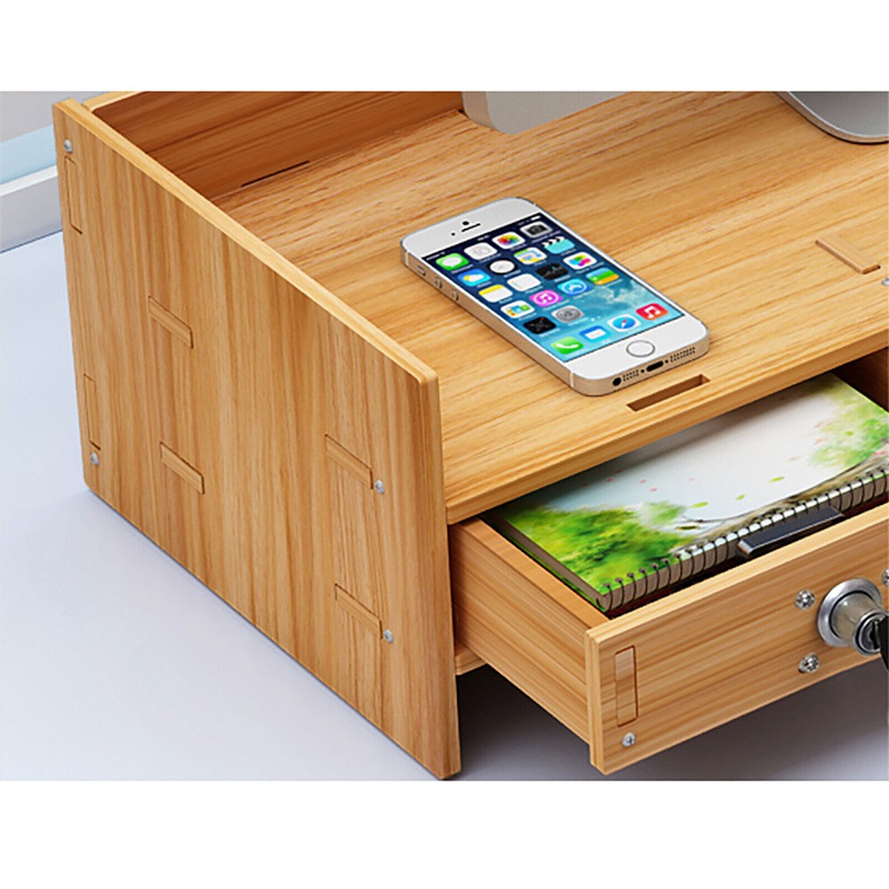 Wood Desk Organizer Home Office Desktop Storage Drawer Computer Holder + Lock