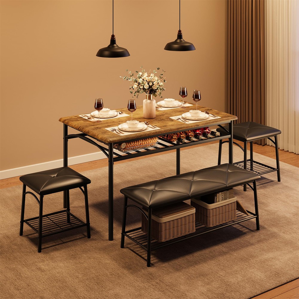 Dining Table Set for 4 Kitchen Table Set with Upholstered Bench Square Stools