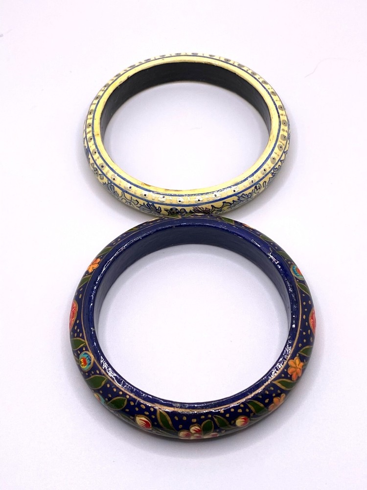 Artisan Bangle Bracelets (2) Hand Painted Blues Whites Reds Stackable