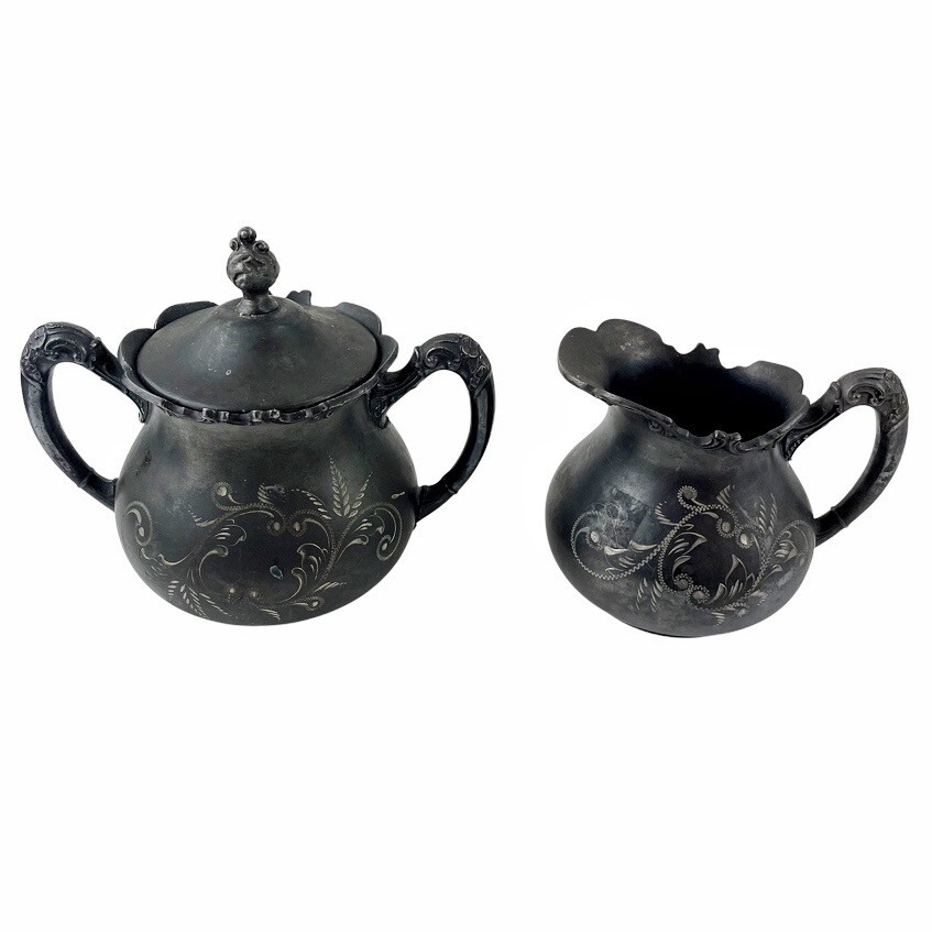 Antique Quadruple Silver Plate Sugar & Creamer Set Lidded Benedict Scroll Etched