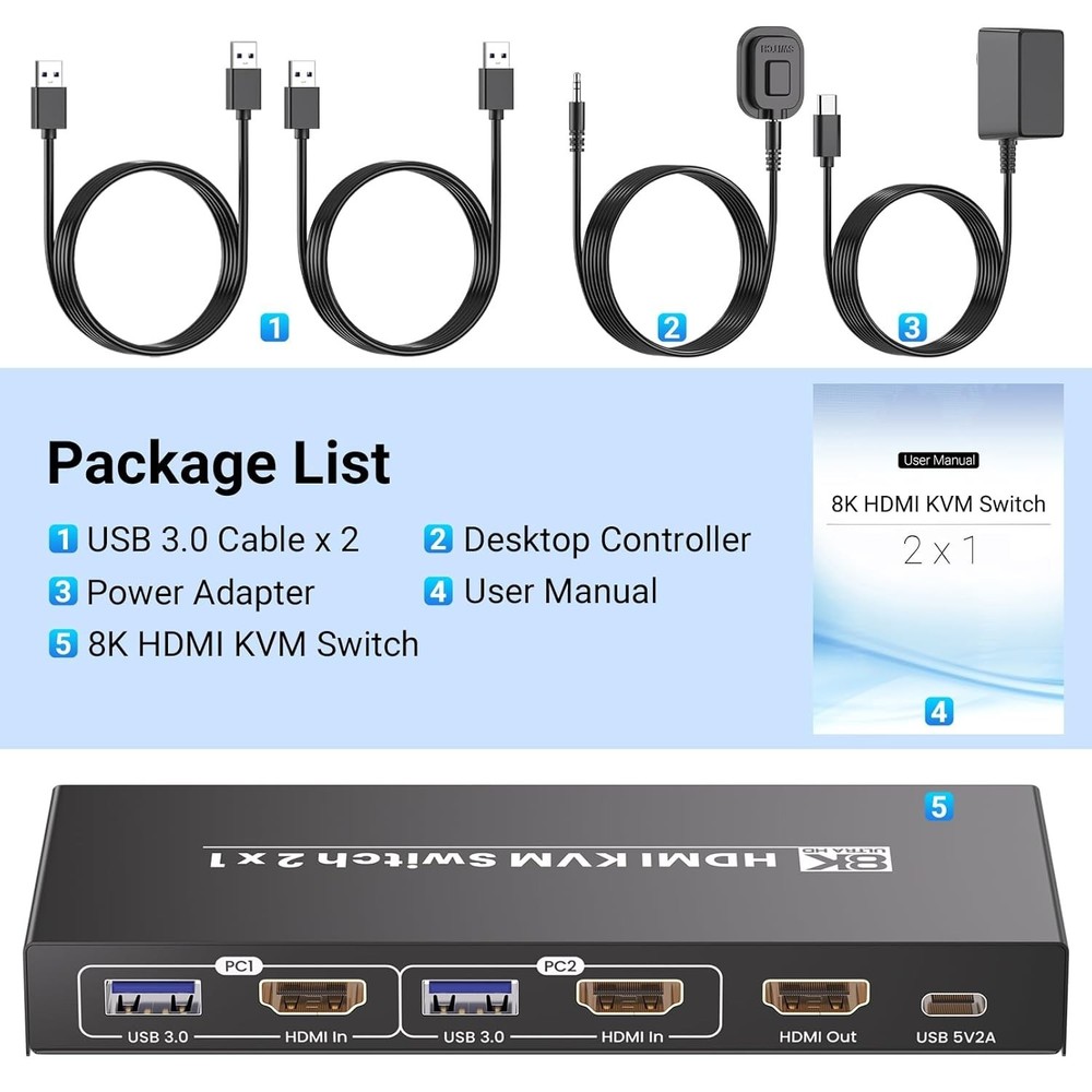 Durable HDMI KVM Switch for 2 Computers - 8K60Hz Resolution with USB 3.0
