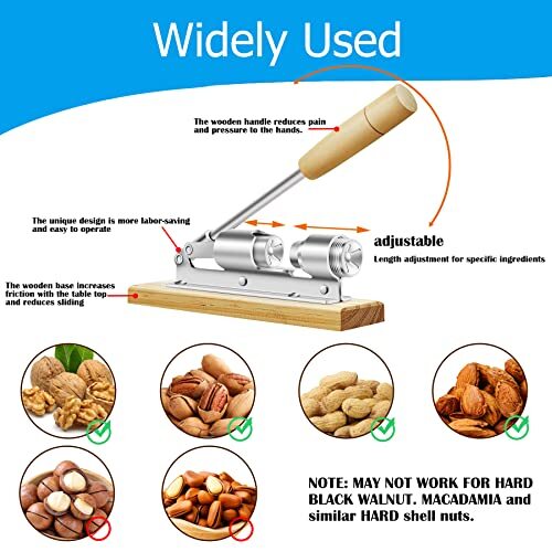 Heavy Duty Pecan Nut Cracker Tool Wood Base with Handle, Adjustable Nut Cracker