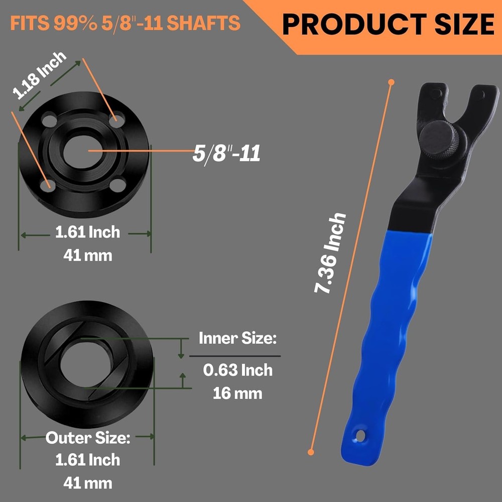 Angle Grinder Wrench Adjustable and Nut Kit (5PCS) – 5/8-11 Lock Polished