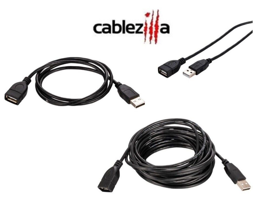 USB Extension Cable 2.0 AM-AF Data Wire Charger EXT Black 3FT - 15FT Multi Lot