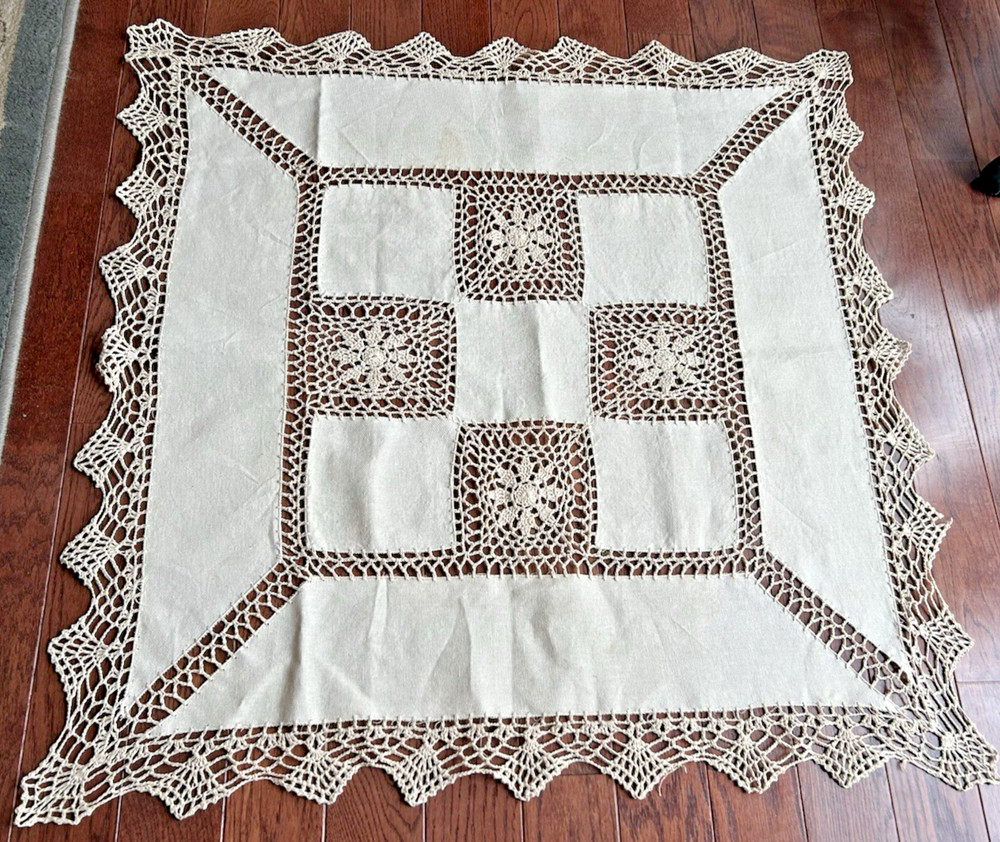 Hand Crocheted Ecru Beige Linen 33" Square Table Topper
