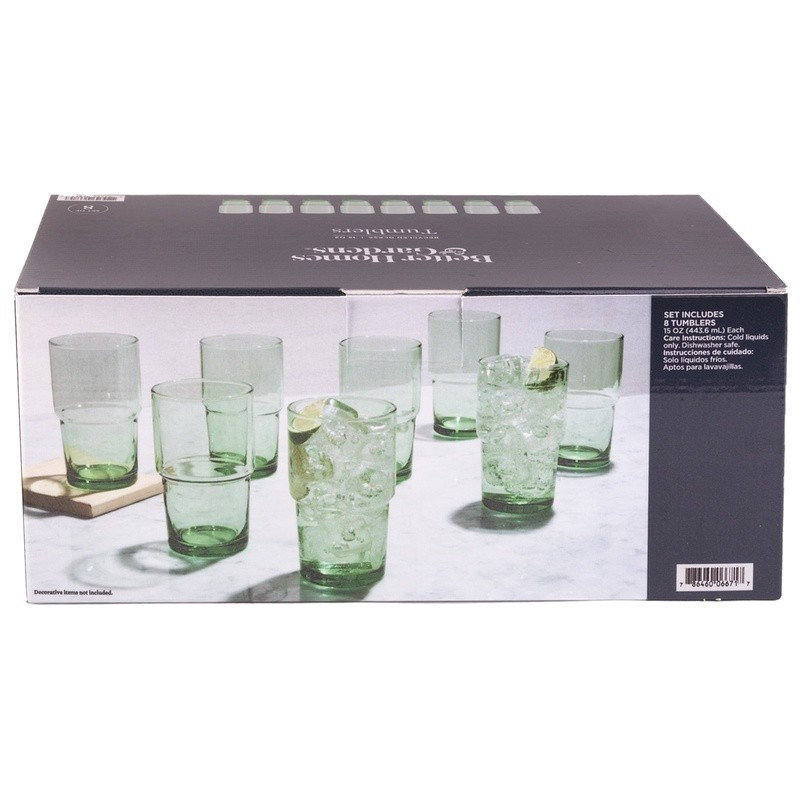 Clear Green Glassware 8 Pack 15oz Stackable Recycled Dishwasher Safe Drinkware