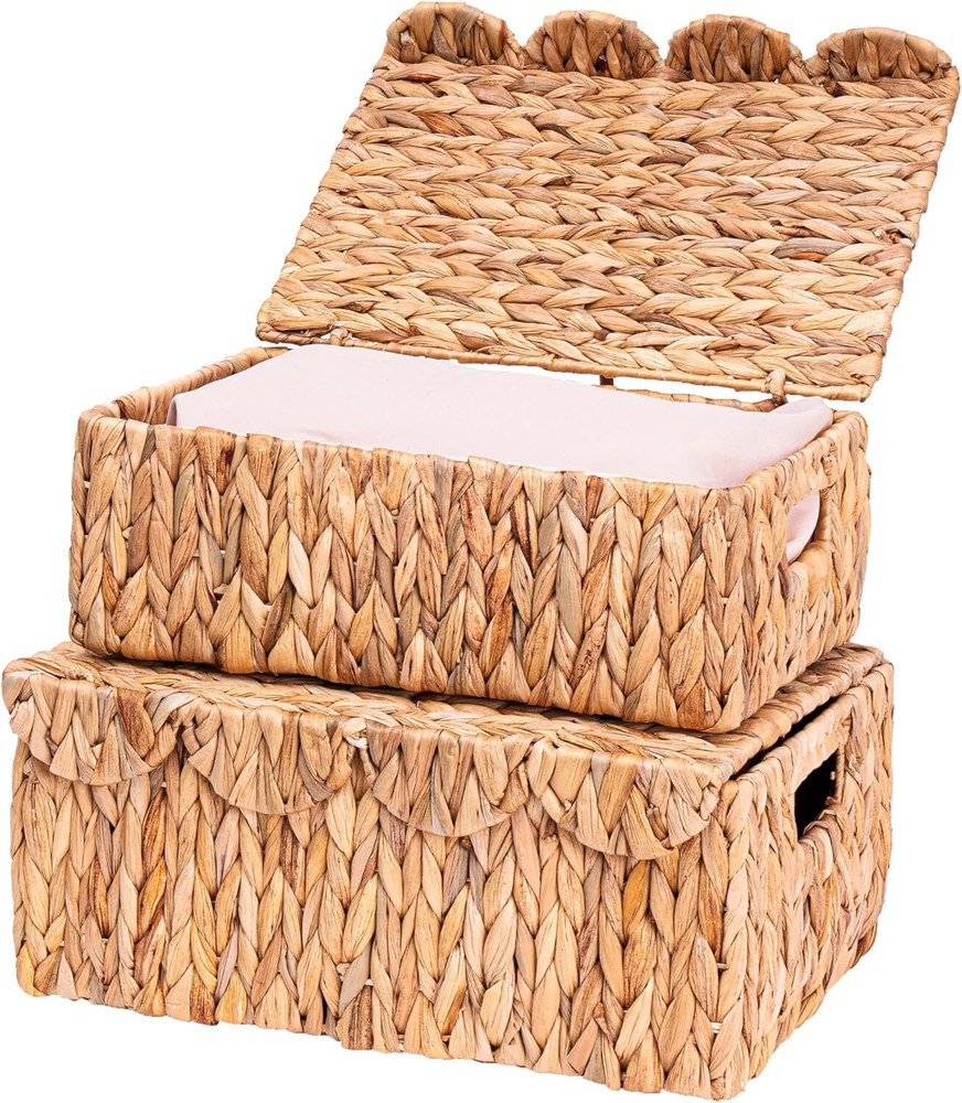 Rectangular wicker storage basket with built-in handles, set of 2