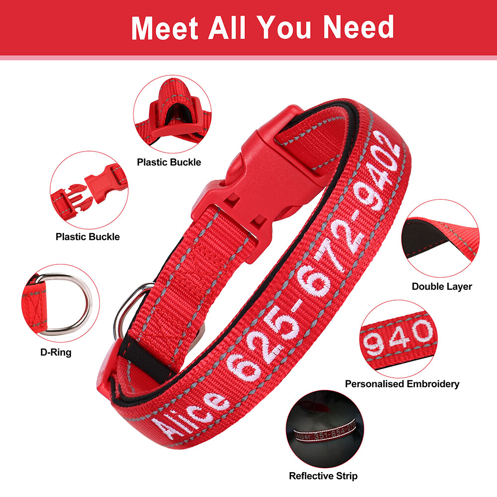 Embroidered Personalized Dog Collar Reflective Nylon Soft Padded Custom Name ID