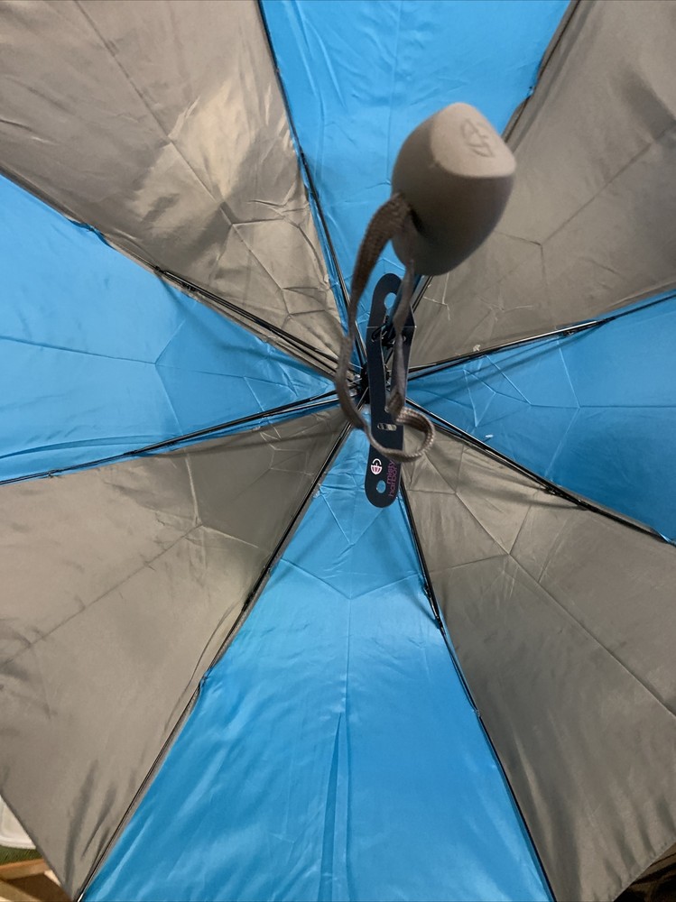 MISTY HARBOR AUTO OPEN BLUE GRAY STRIPED RUBBER HANDLE 41" CANOPY UMBRELLA