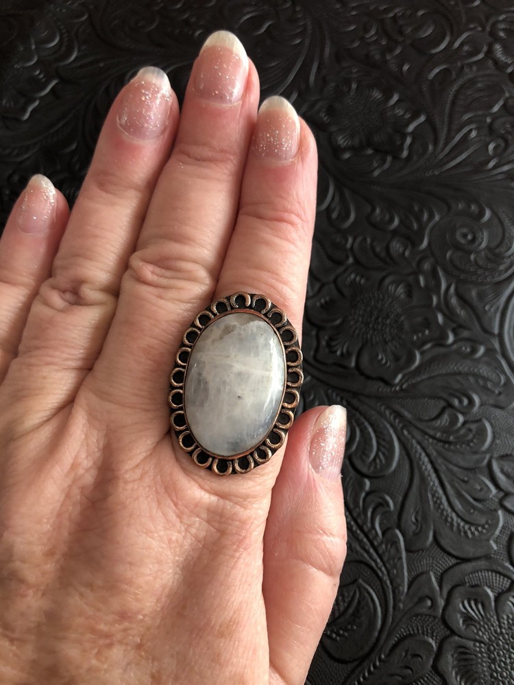 White Iridescent Moonstone Oval Ring Size 8 Artisan Made Copper Ring