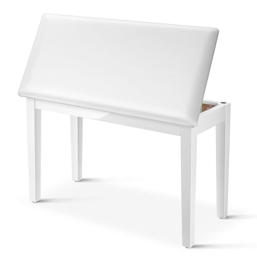 Duet Piano Bench with Storage, Solid Wooden Keyboard Bench Piano White
