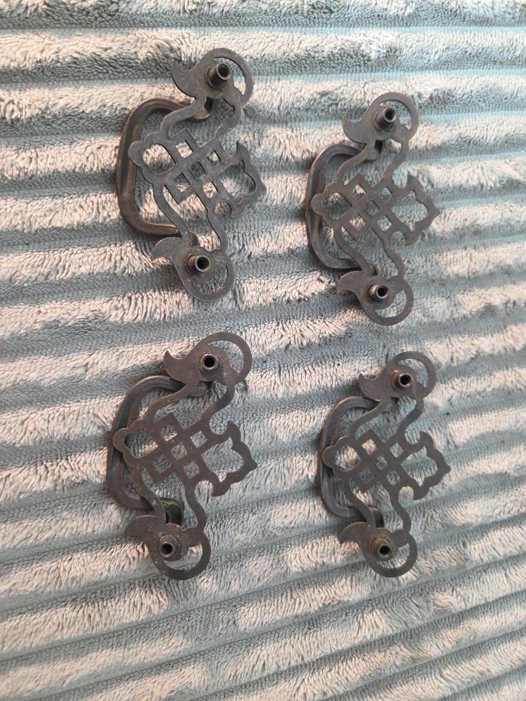 4 MCM Vintage Metal Drawer Pulls Handles Screw Hole 2.5" OC Drop Pull