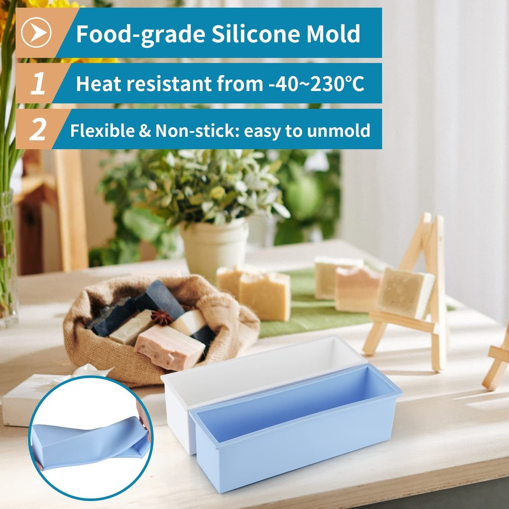 2 Pcs Loaf Soap Mold with Plastic Box, Flexible Silicone Rectangular Mold 42o...