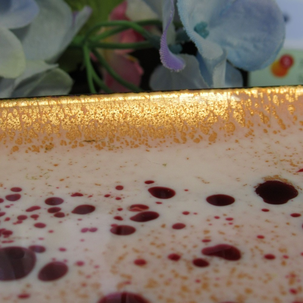 Handmade Enamel on Copper Rectangular Dish Pink With Red & Gold Speckles