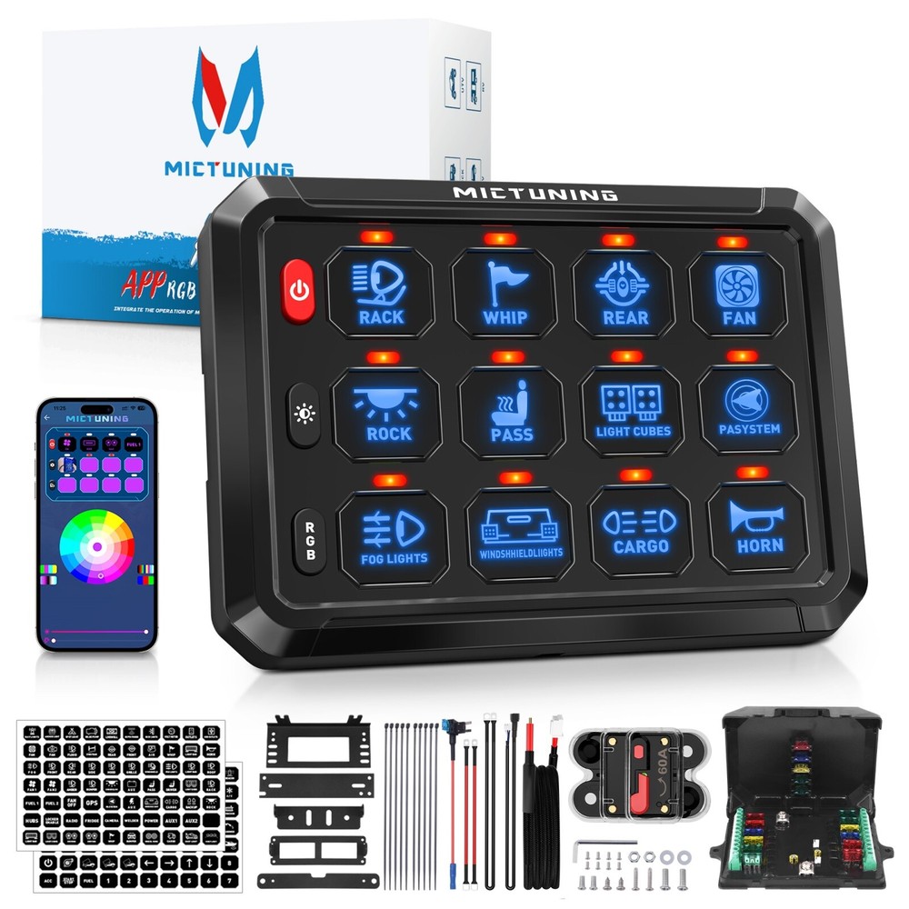 MICTUNING P1s RGB 12 Gang Switch Panel Wireless App Control Circuit Relay System